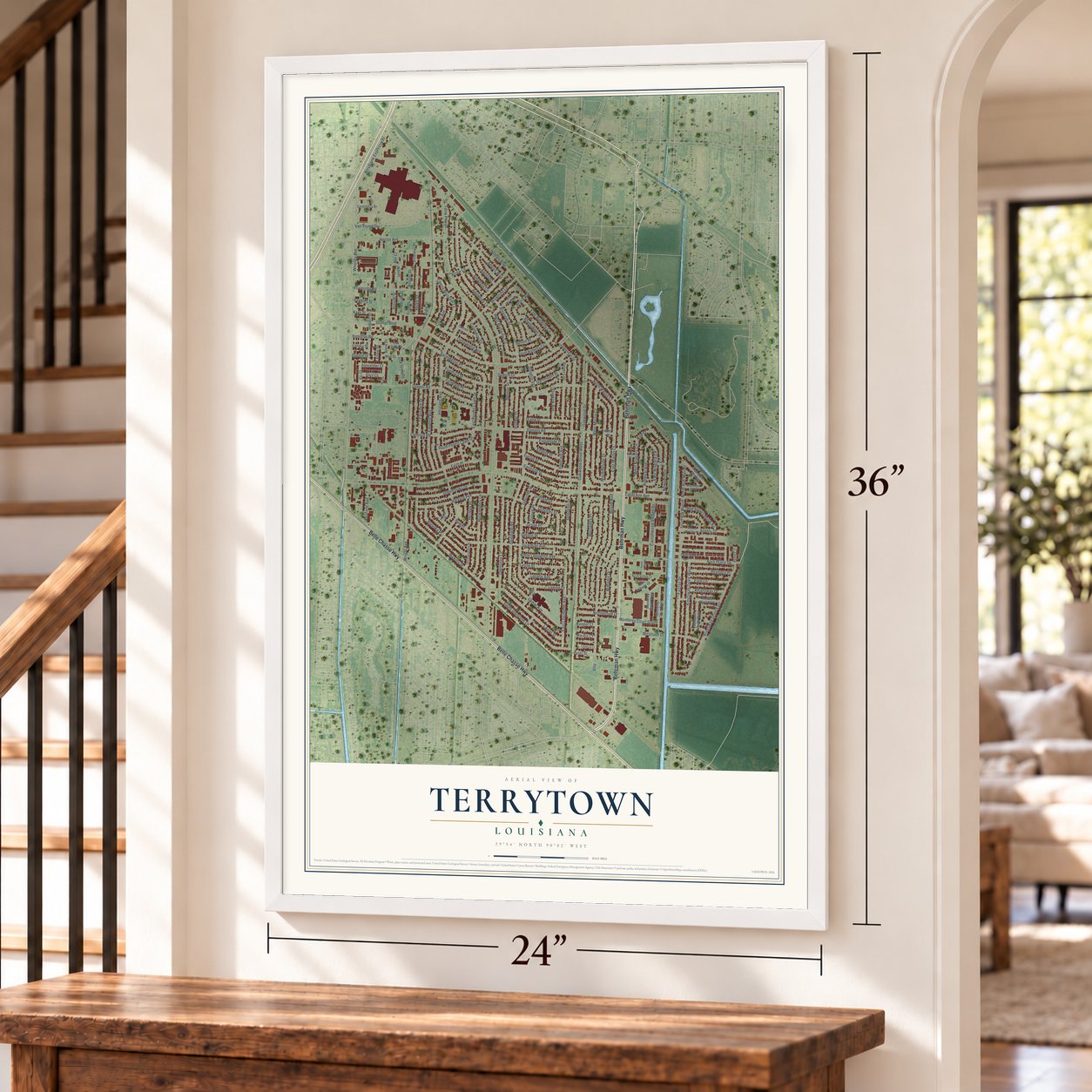 Terrytown, Louisiana map, 24 x 36 inch print in a white frame by a staircase