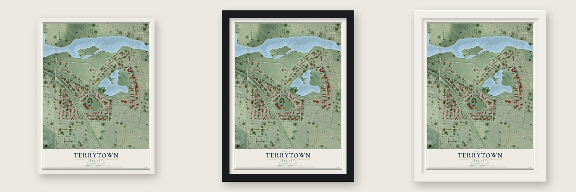 Terrytown, Nebraska map unframed, in a black wood frame and in a white wood frame