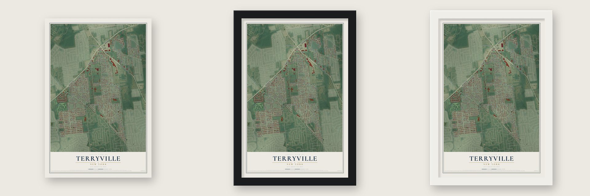 Terryville, New York map unframed, in a black wood frame and in a white wood frame