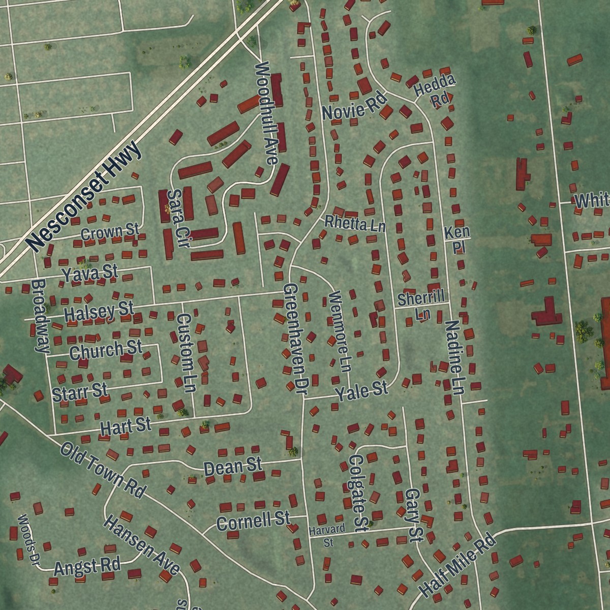 Second close-up of the map of Terryville, New York print showing more streets and buildings