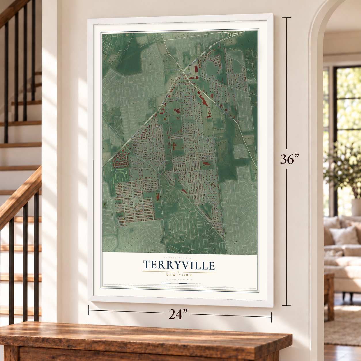 Terryville, New York map, 24 x 36 inch print in a white frame by a staircase