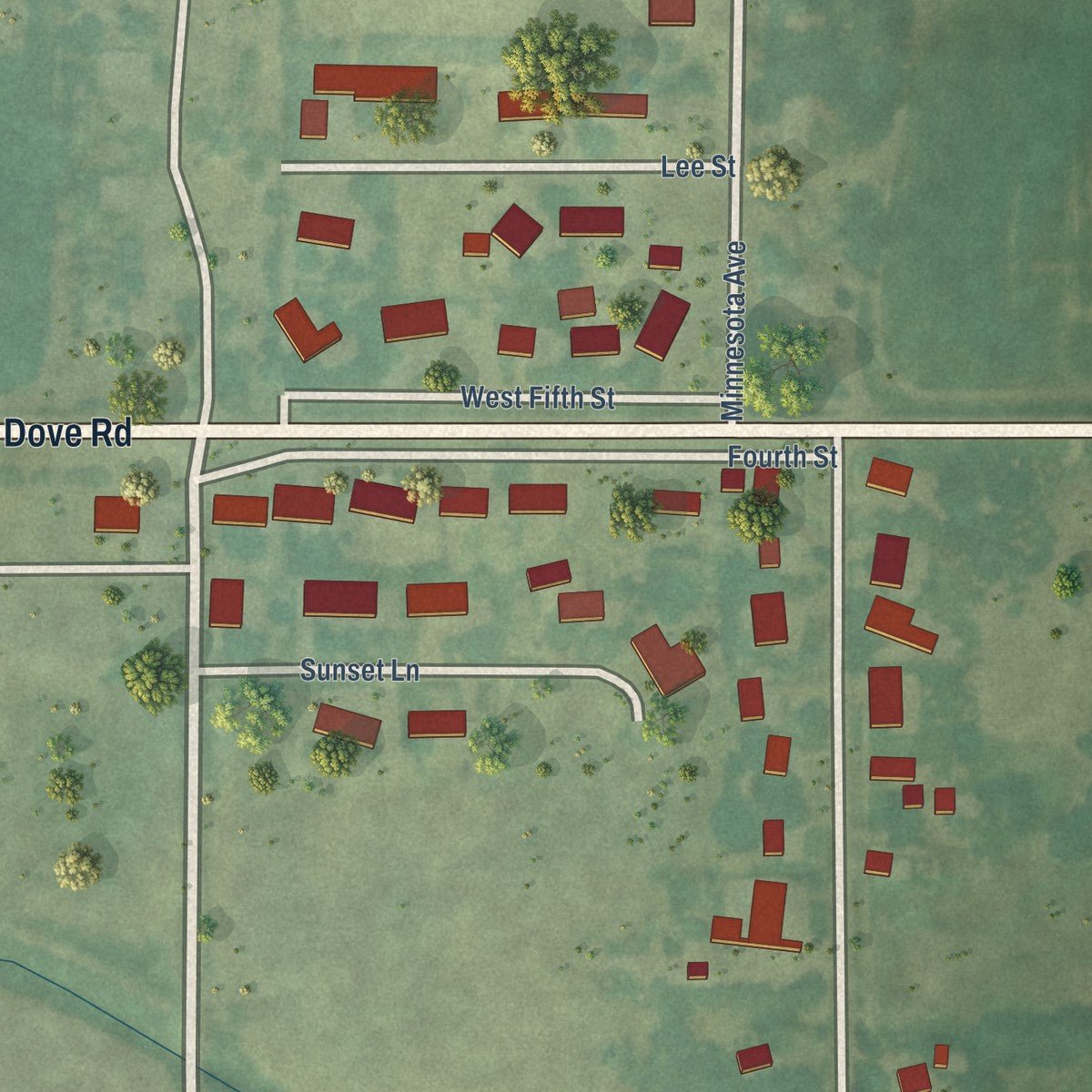 Second close-up of the map of Tescott, Kansas print showing more streets and buildings