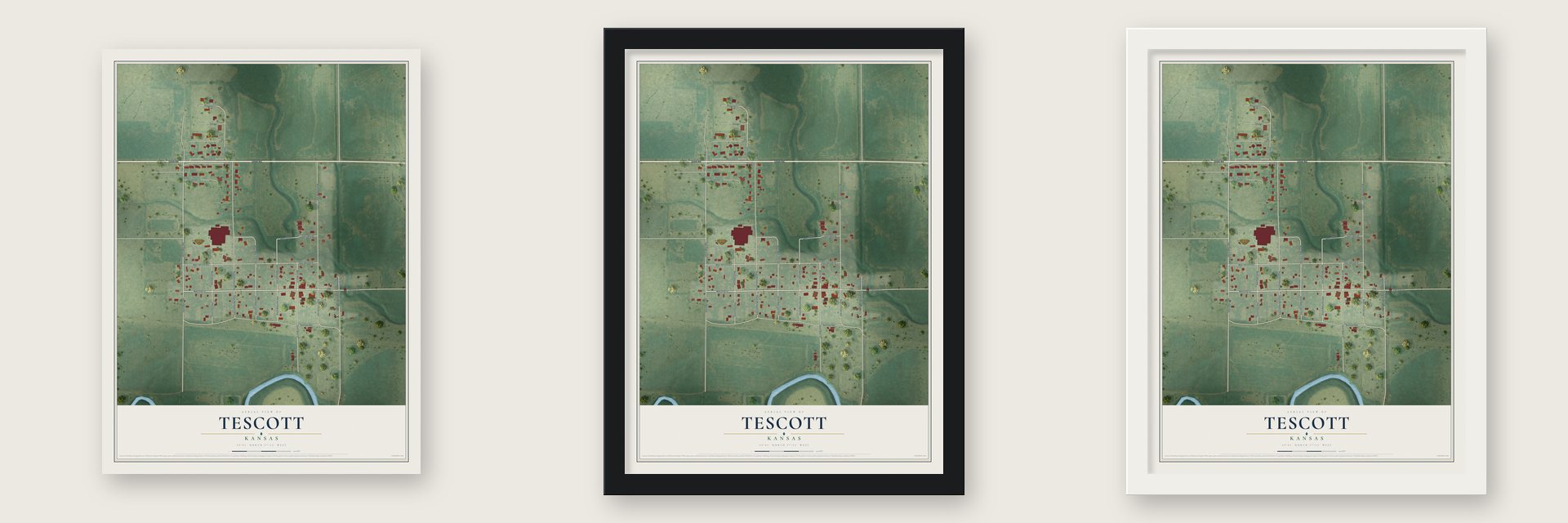Tescott, Kansas map unframed, in a black wood frame and in a white wood frame
