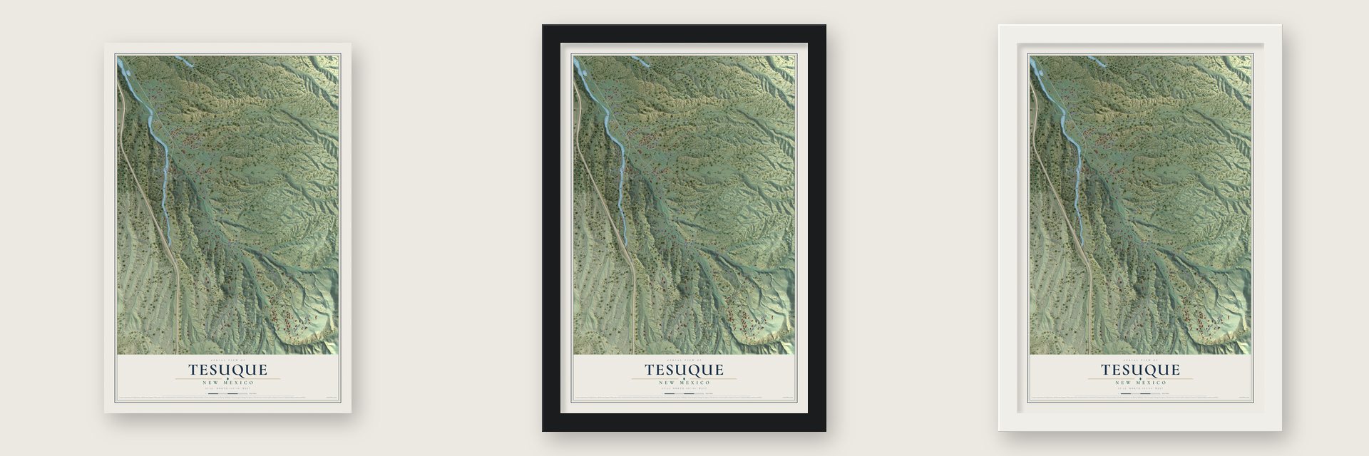 Tesuque, New Mexico map unframed, in a black wood frame and in a white wood frame