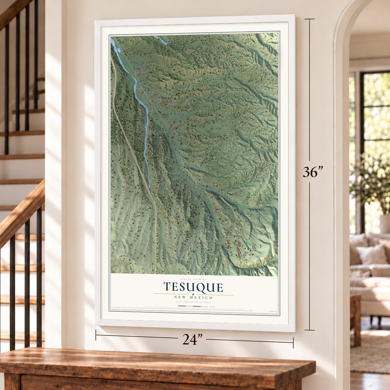 Tesuque, New Mexico map, 24 x 36 inch print in a white frame by a staircase