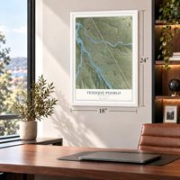 Tesuque Pueblo, New Mexico map, 18 x 24 inch print in a white frame in a home office