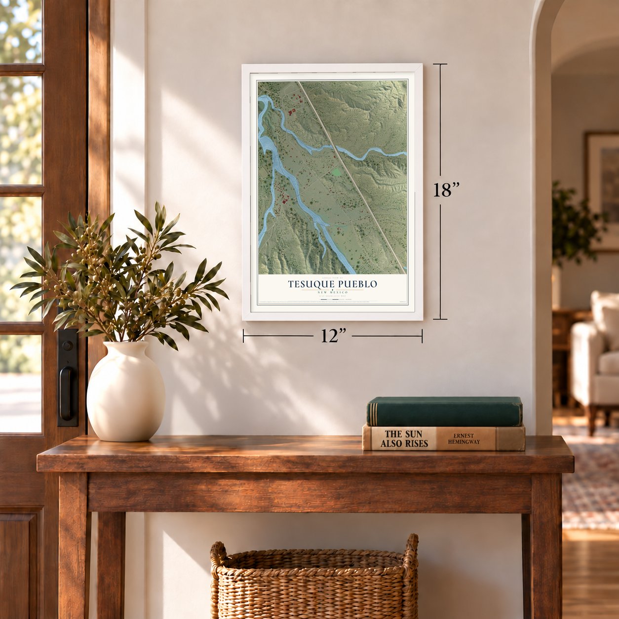 Tesuque Pueblo, New Mexico map, 12 x 18 inch print in a white frame in an entryway