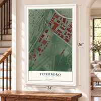 Teterboro, New Jersey map, 24 x 36 inch print in a white frame by a staircase