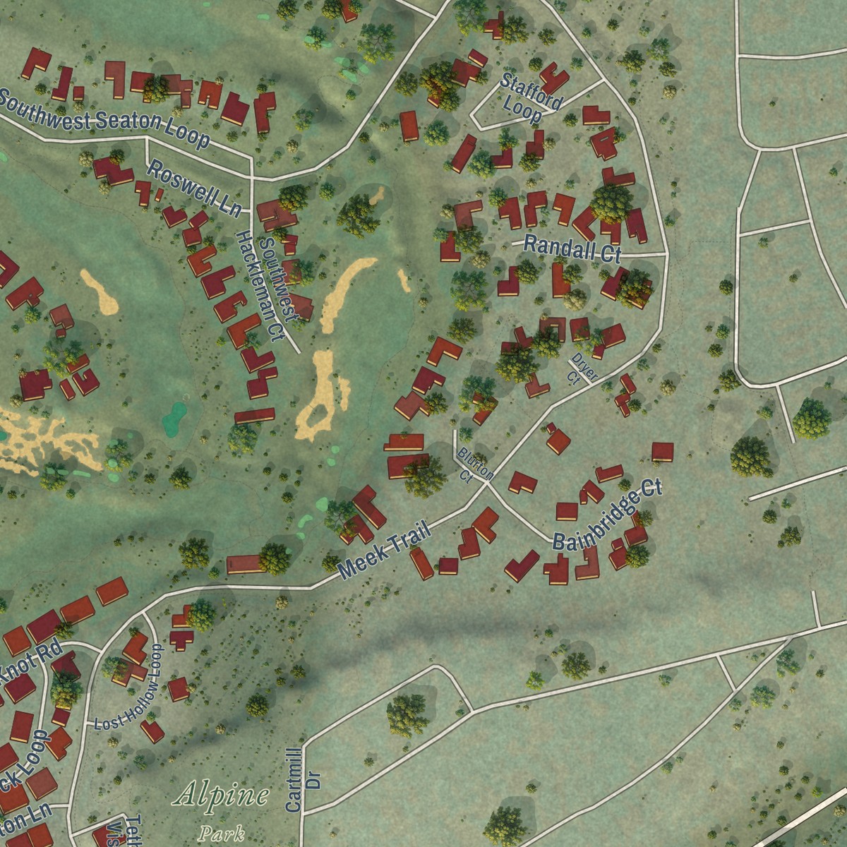 Second close-up of the map of Tetherow, Oregon print showing more streets and buildings