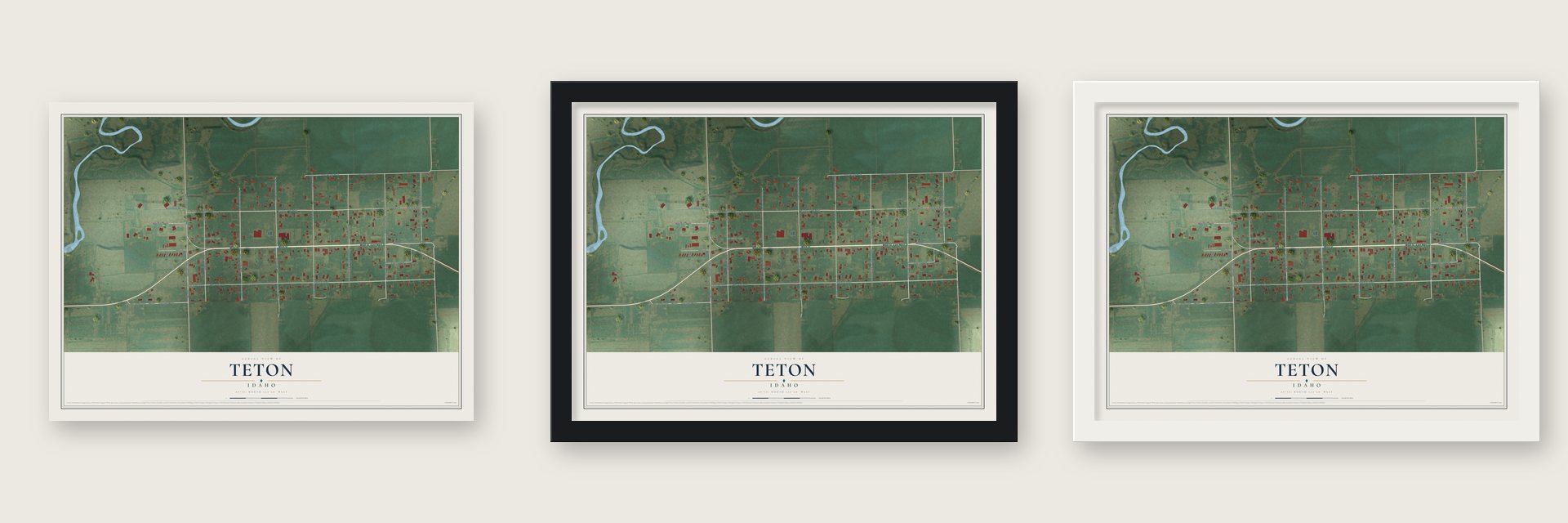 Teton, Idaho map unframed, in a black wood frame and in a white wood frame