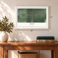 Teton, Idaho map, 12 x 18 inch print in a white frame in an entryway