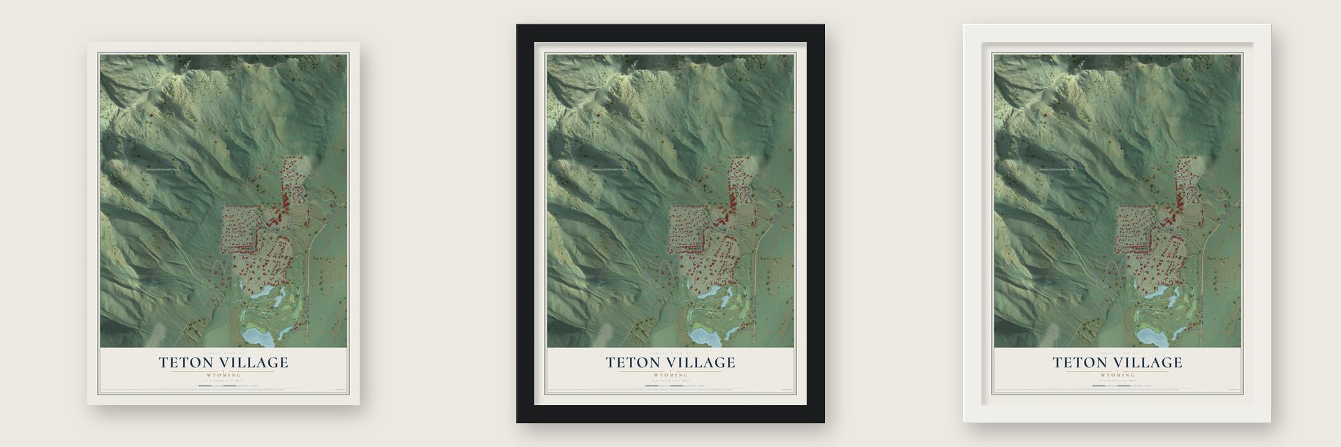 Teton Village, Wyoming map unframed, in a black wood frame and in a white wood frame