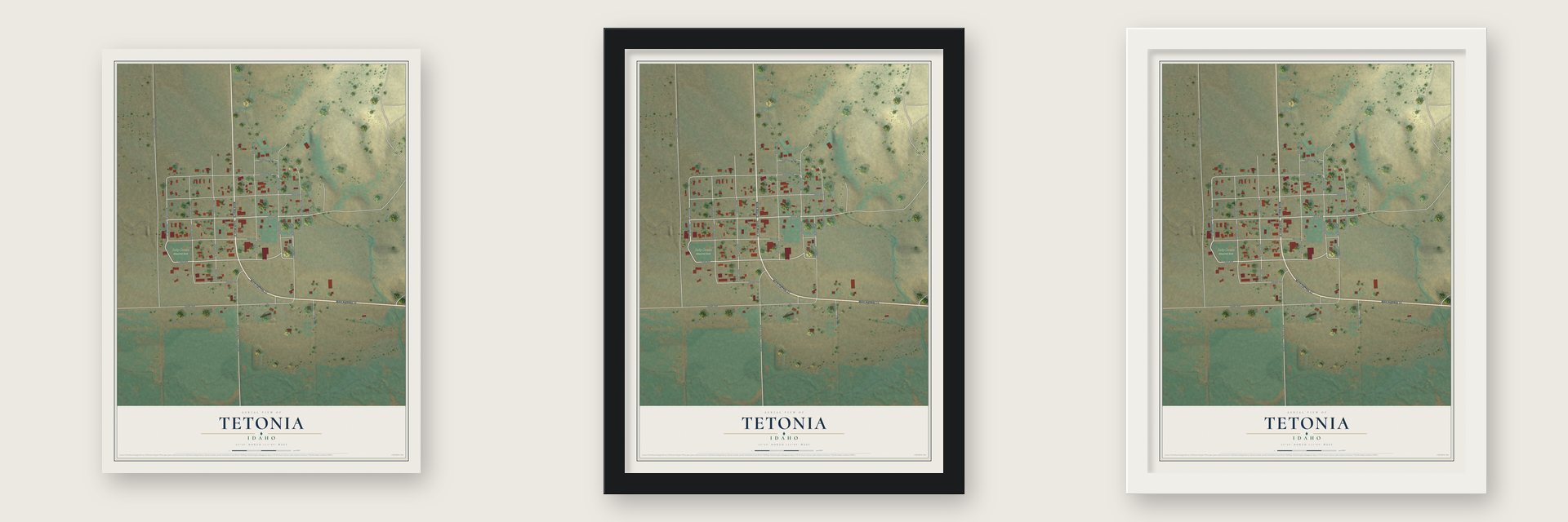 Tetonia, Idaho map unframed, in a black wood frame and in a white wood frame