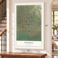 Tetonia, Idaho map, 24 x 36 inch print in a white frame by a staircase