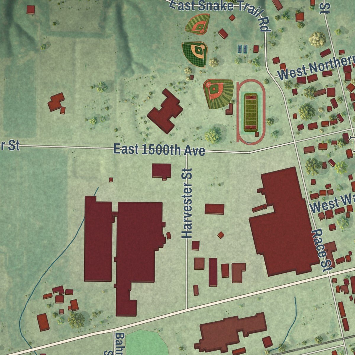 Second close-up of the map of Teutopolis, Illinois print showing more streets and buildings