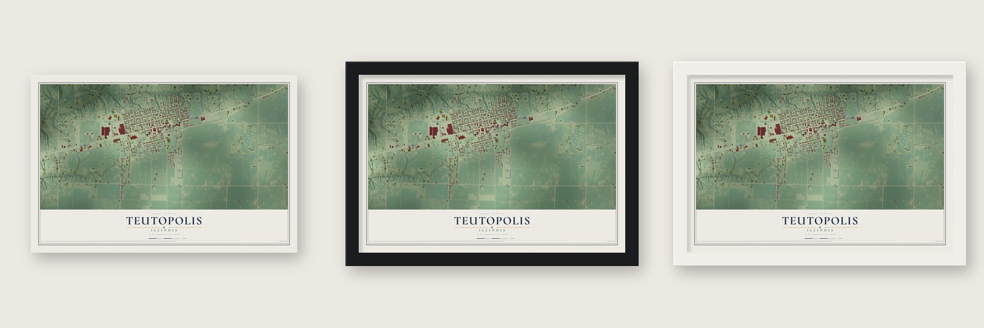 Teutopolis, Illinois map unframed, in a black wood frame and in a white wood frame