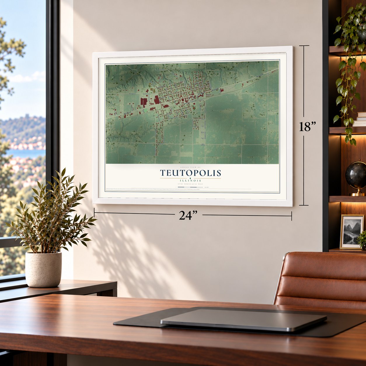 Teutopolis, Illinois map, 18 x 24 inch print in a white frame in a home office
