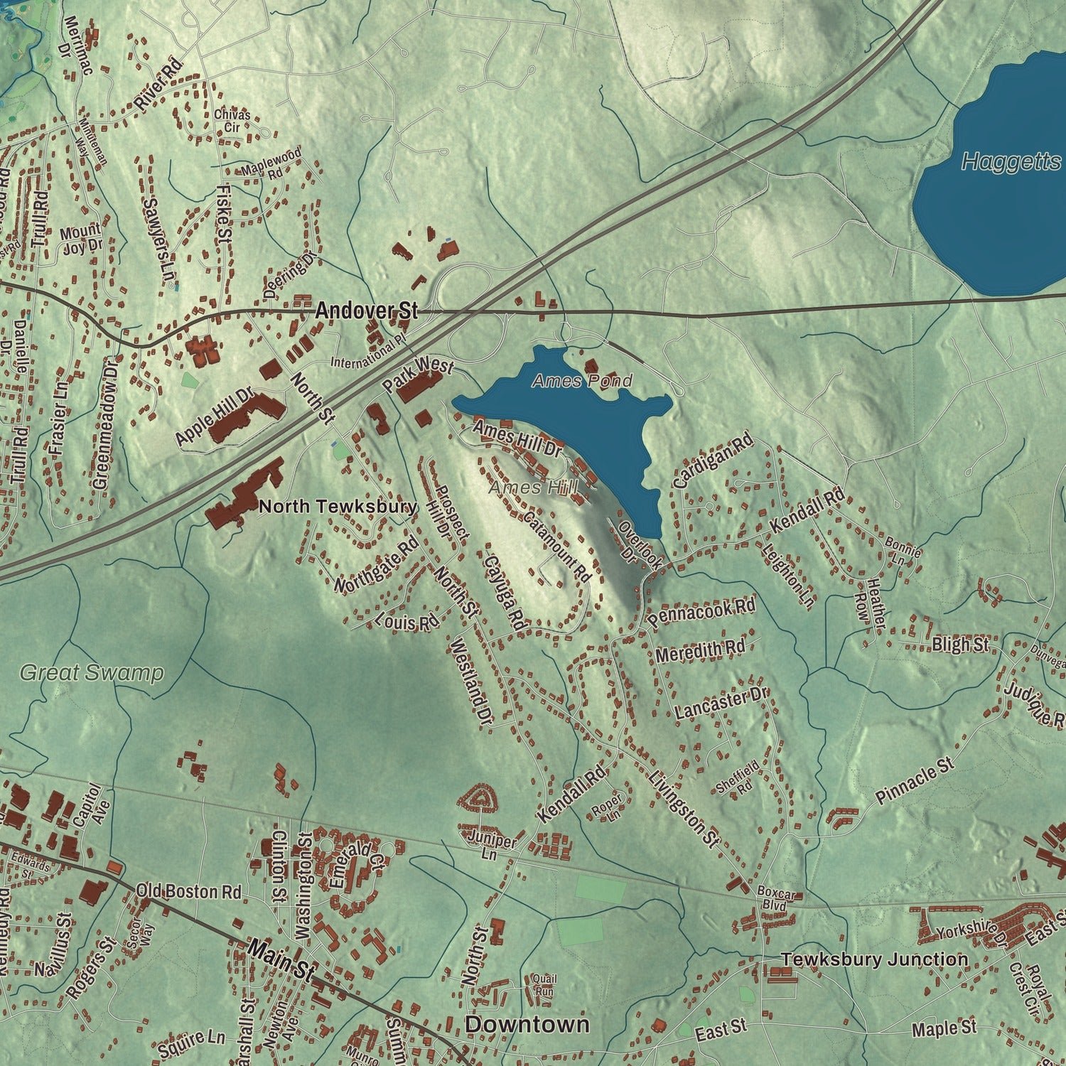 Close-up of the map of Tewksbury, Massachusetts print showing terrain and local geography
