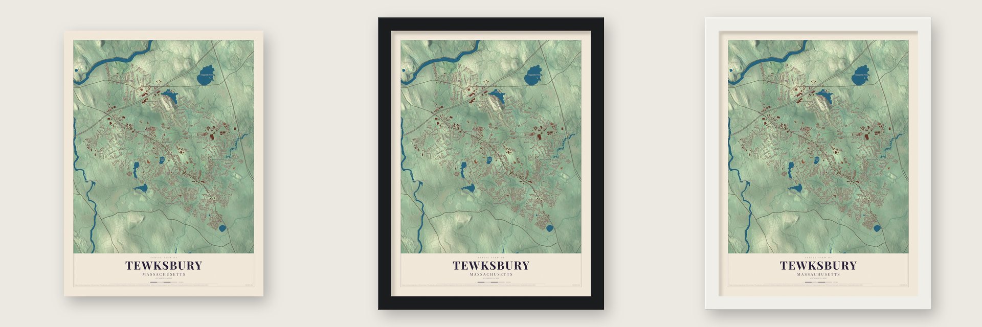 Tewksbury, Massachusetts map unframed, in a black wood frame and in a white wood frame