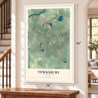 Tewksbury, Massachusetts map, 24 x 36 inch print in a white frame by a staircase