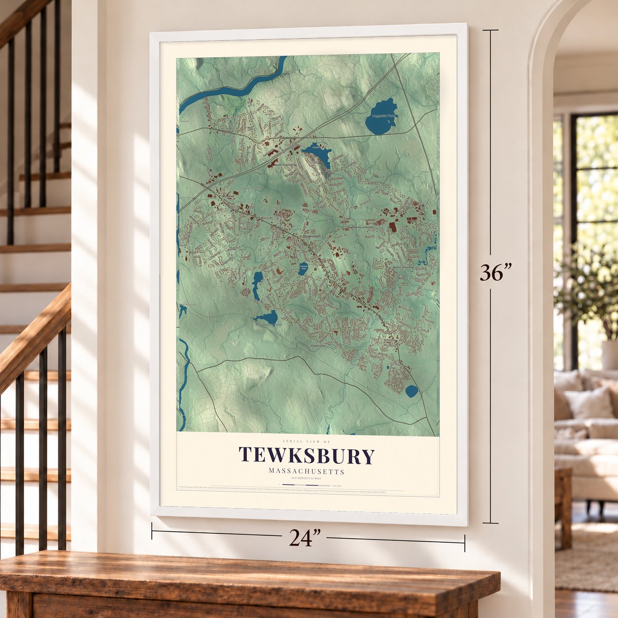 Tewksbury, Massachusetts map, 24 x 36 inch print in a white frame by a staircase