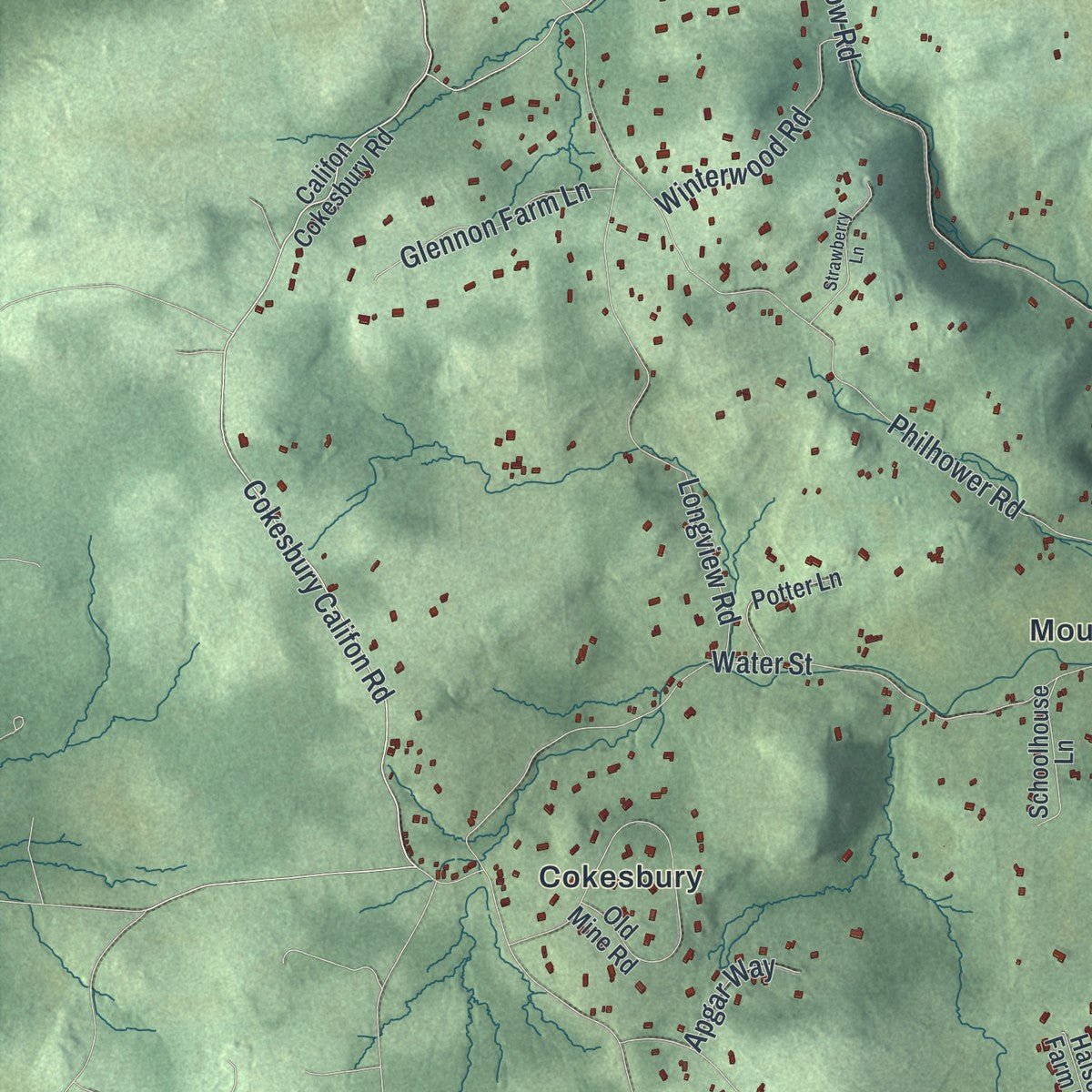 Second close-up of the map of Tewksbury, New Jersey print showing more streets and buildings