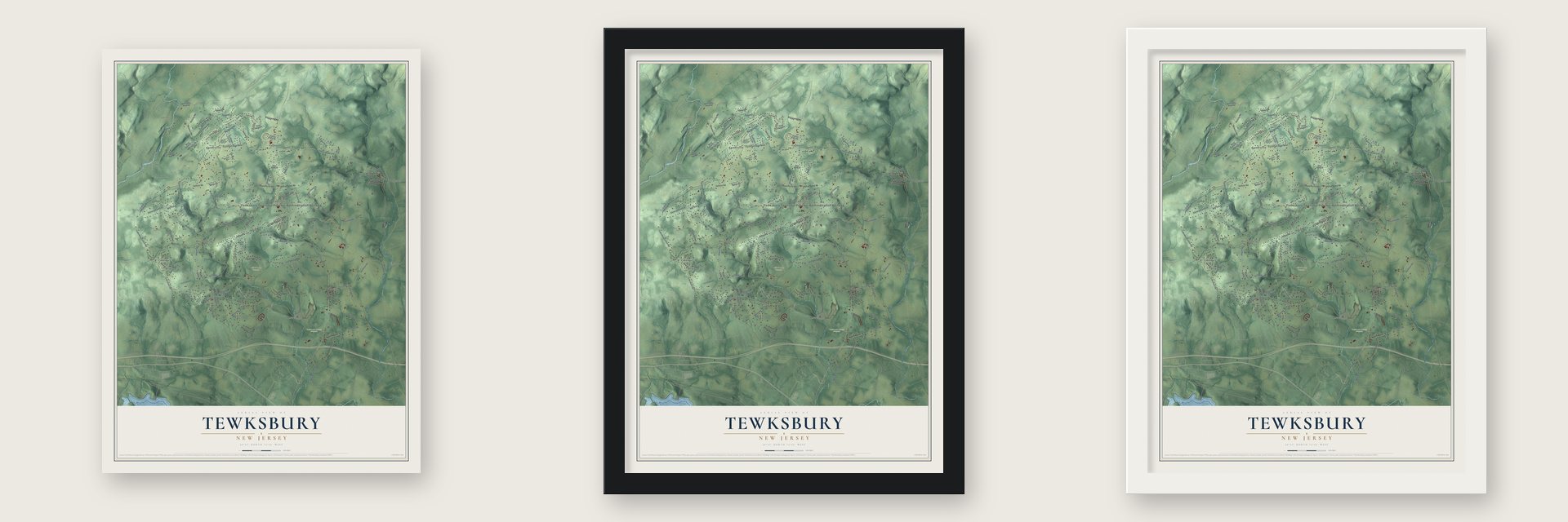 Tewksbury, New Jersey map unframed, in a black wood frame and in a white wood frame