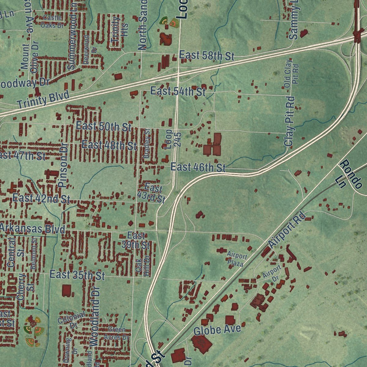 Second close-up of the map of Texarkana, Arkansas print showing more streets and buildings