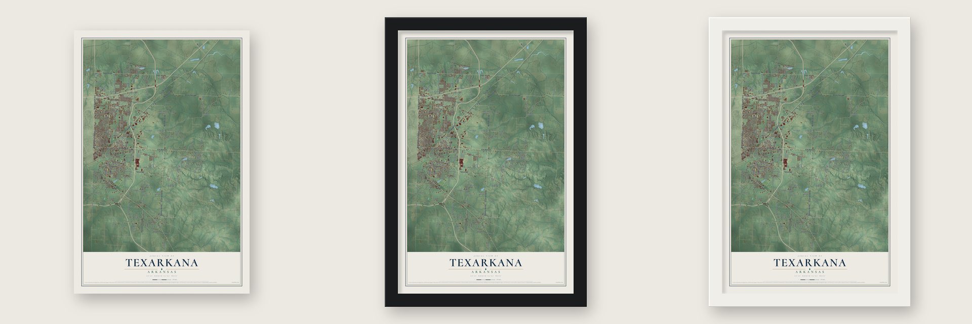 Texarkana, Arkansas map unframed, in a black wood frame and in a white wood frame