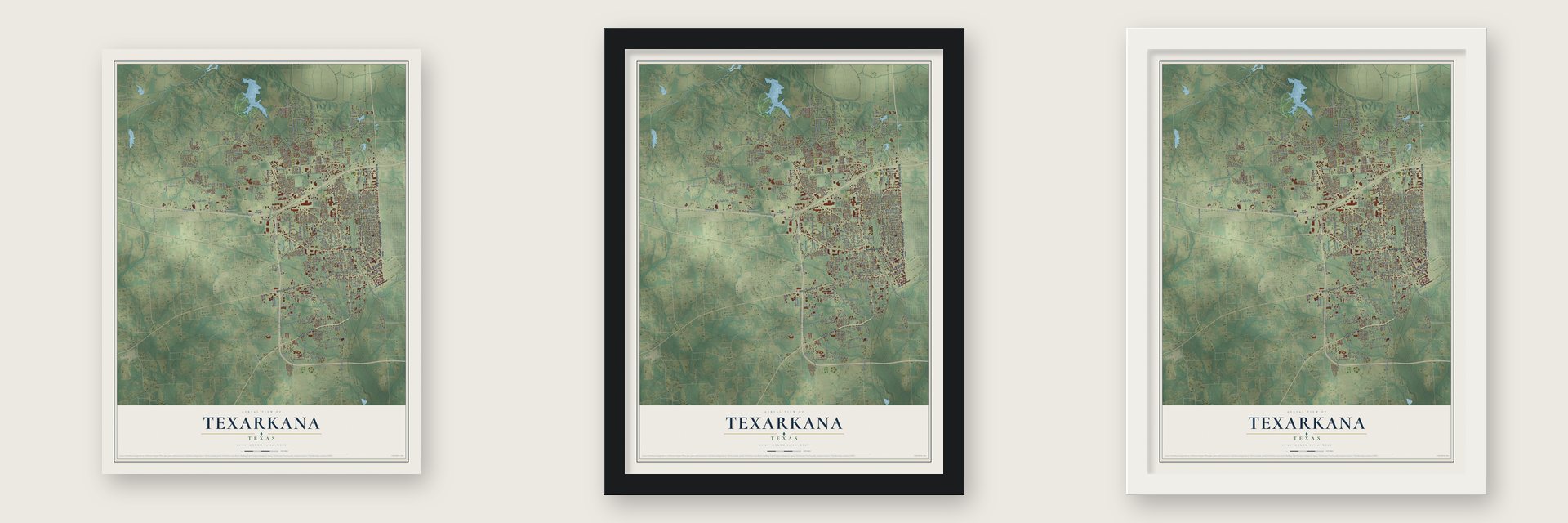 Texarkana, Texas map unframed, in a black wood frame and in a white wood frame