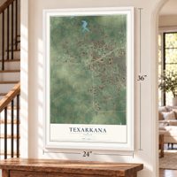 Texarkana, Texas map, 24 x 36 inch print in a white frame by a staircase