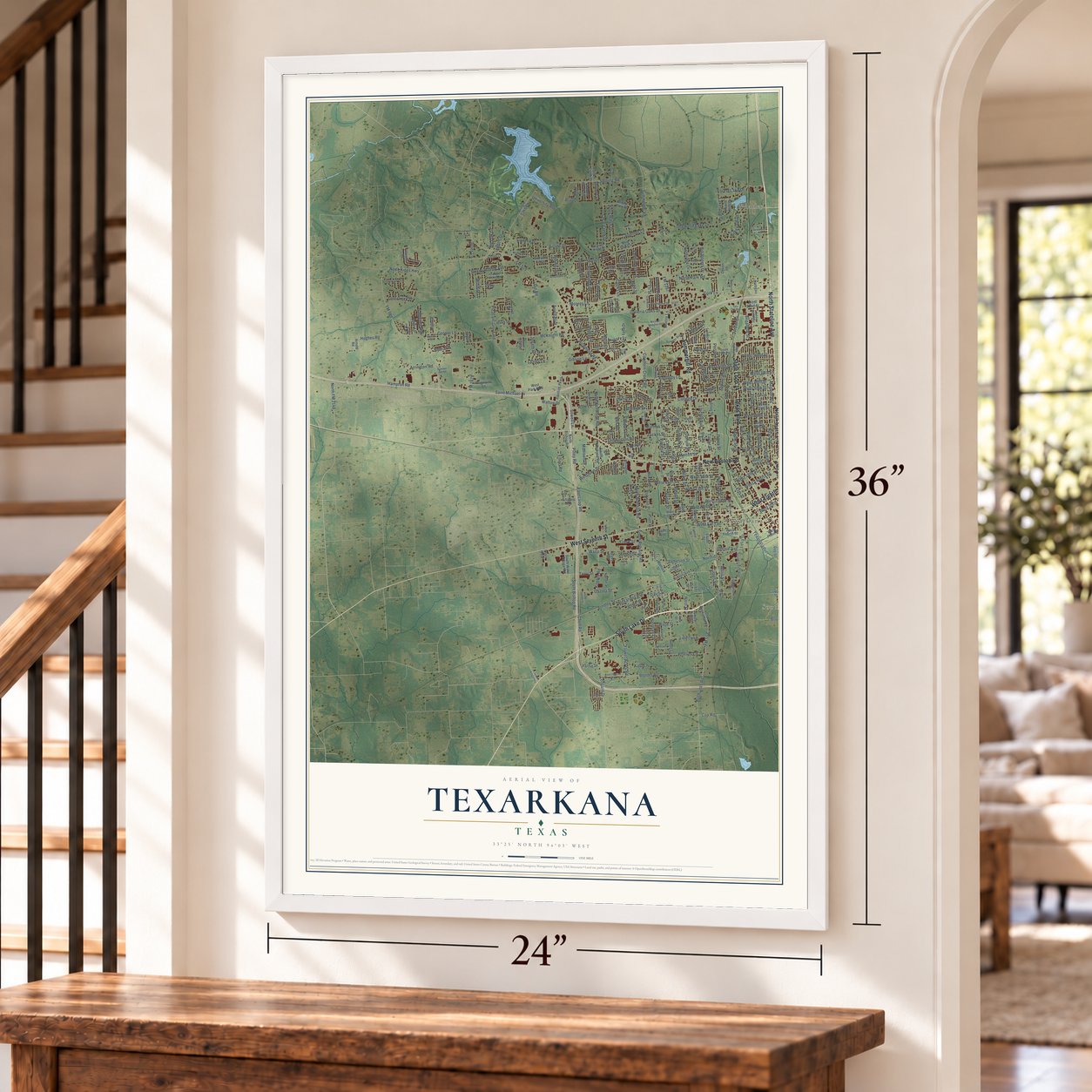 Texarkana, Texas map, 24 x 36 inch print in a white frame by a staircase