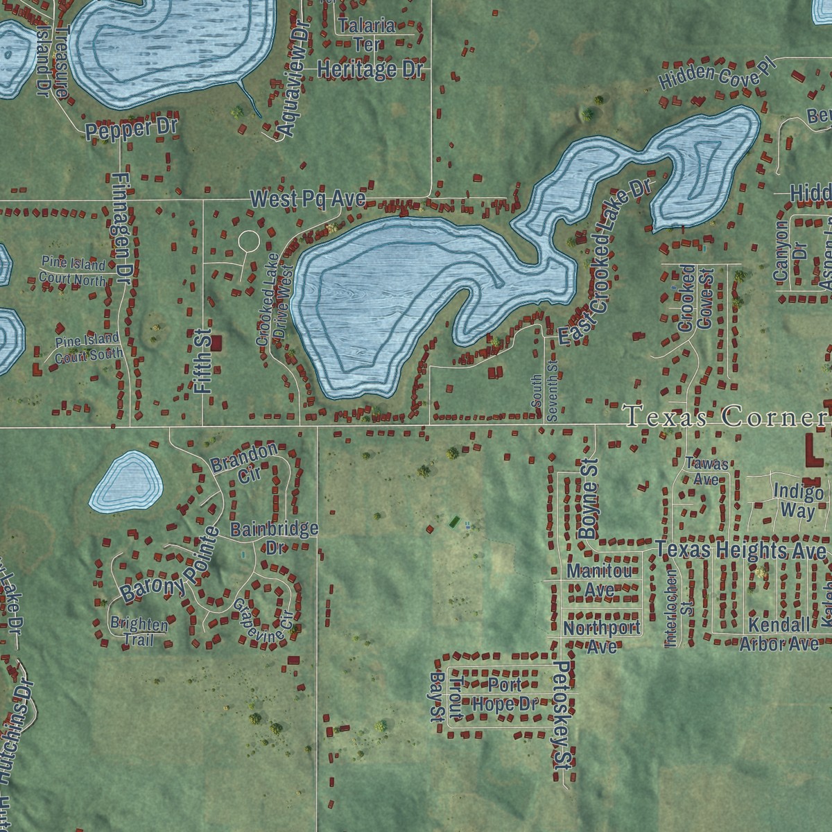 Second close-up of the map of Texas, Michigan print showing more streets and buildings