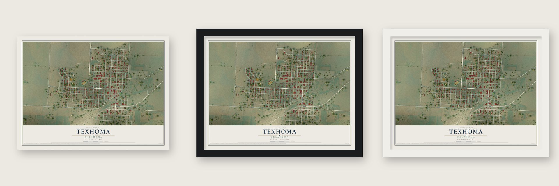 Texhoma, Oklahoma map unframed, in a black wood frame and in a white wood frame