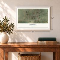 Texhoma, Oklahoma map, 12 x 18 inch print in a white frame in an entryway