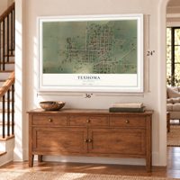 Texhoma, Oklahoma map, 24 x 36 inch print in a white frame above a dresser by a staircase