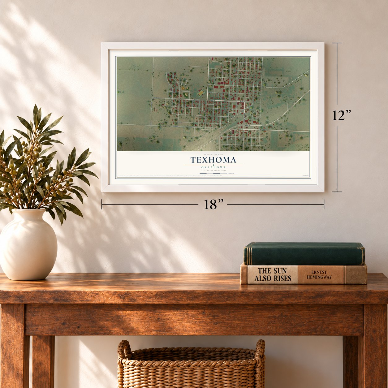 Texhoma, Oklahoma map, 12 x 18 inch print in a white frame in an entryway