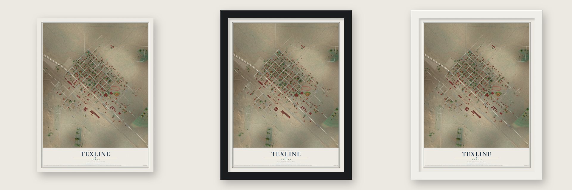Texline, Texas map unframed, in a black wood frame and in a white wood frame