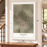 Texline, Texas map, 24 x 36 inch print in a white frame by a staircase