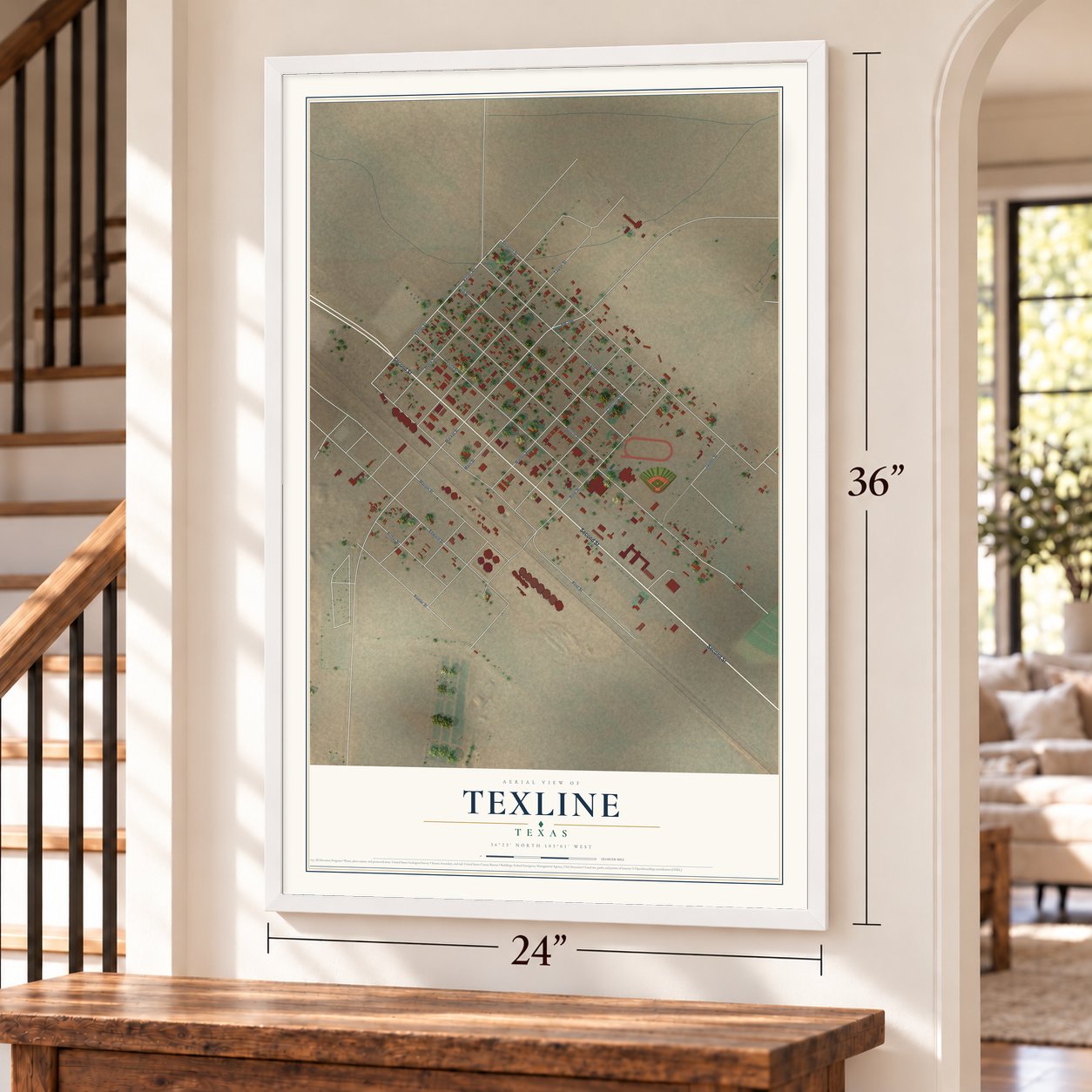 Texline, Texas map, 24 x 36 inch print in a white frame by a staircase