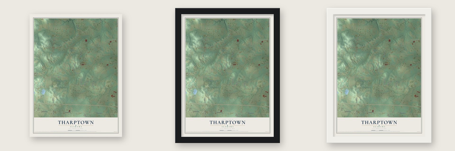Tharptown, Alabama map unframed, in a black wood frame and in a white wood frame