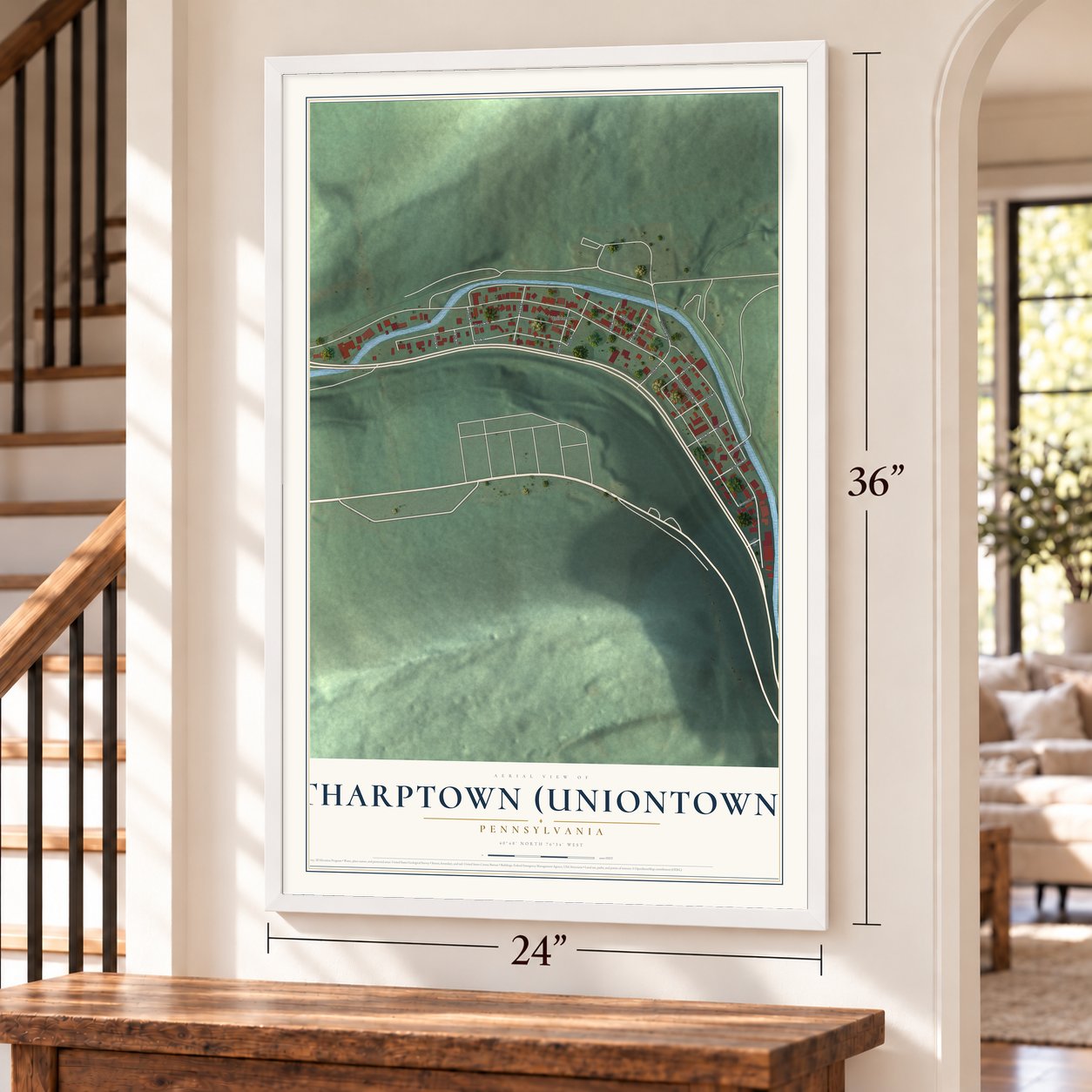 Tharptown (Uniontown), Pennsylvania map, 24 x 36 inch print in a white frame by a staircase