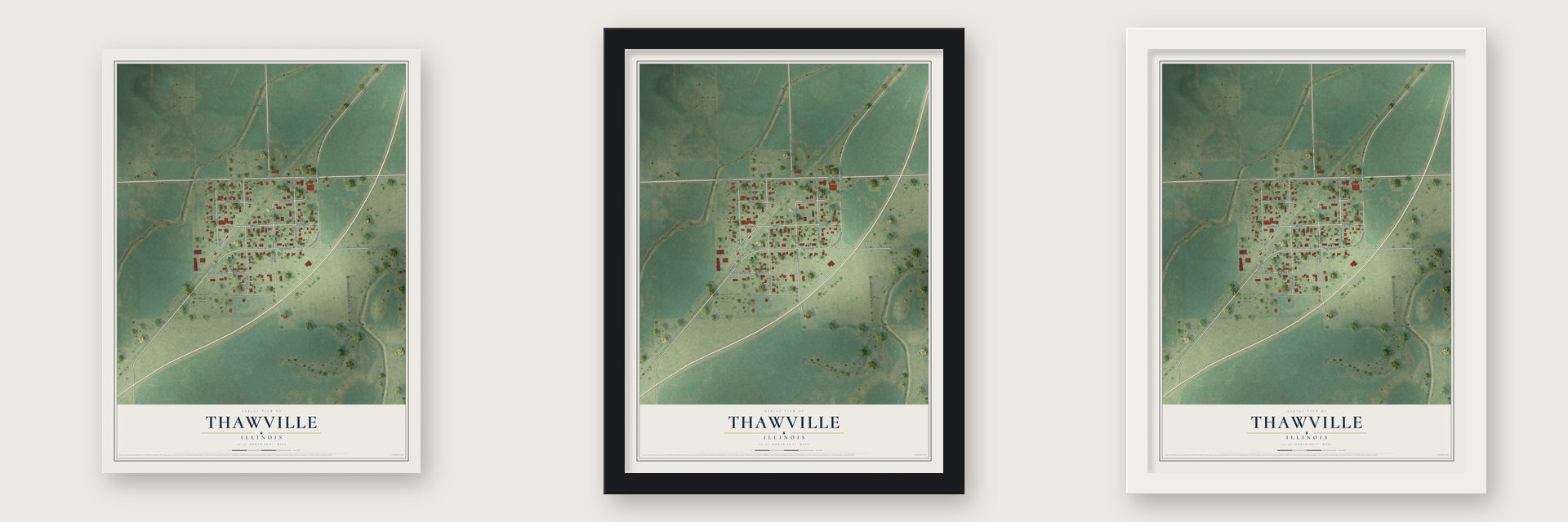 Thawville, Illinois map unframed, in a black wood frame and in a white wood frame