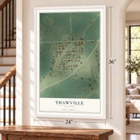 Thawville, Illinois map, 24 x 36 inch print in a white frame by a staircase
