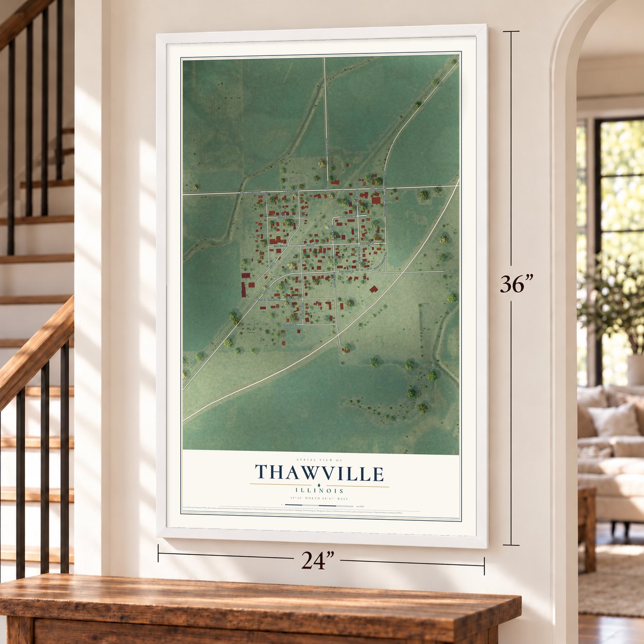 Thawville, Illinois map, 24 x 36 inch print in a white frame by a staircase