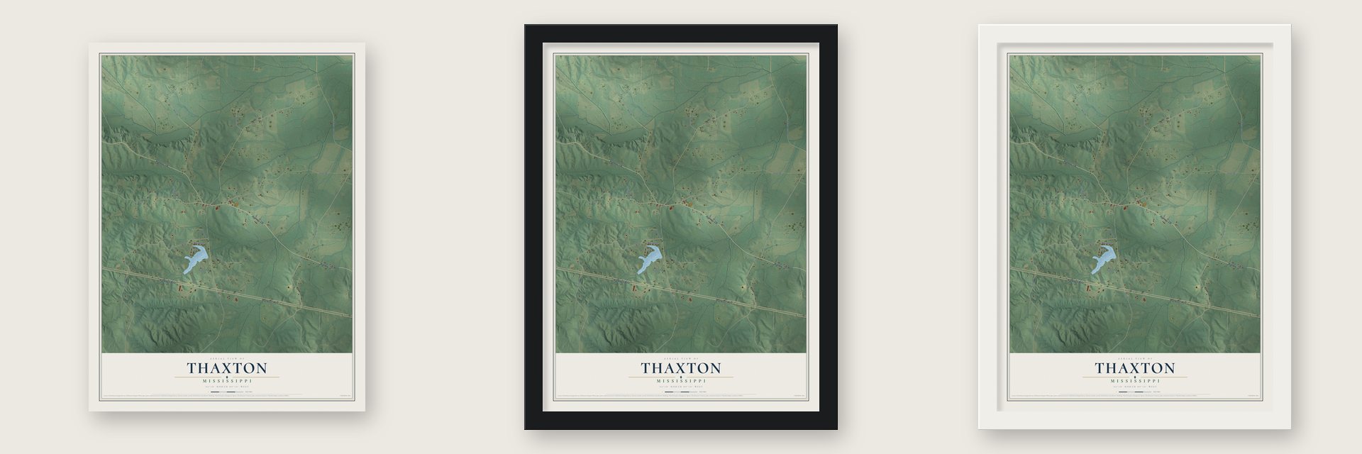 Thaxton, Mississippi map unframed, in a black wood frame and in a white wood frame