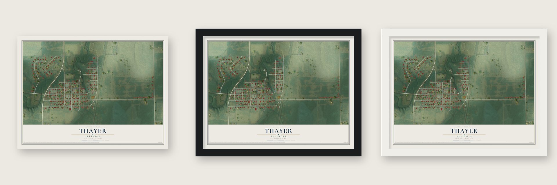 Thayer, Illinois map unframed, in a black wood frame and in a white wood frame
