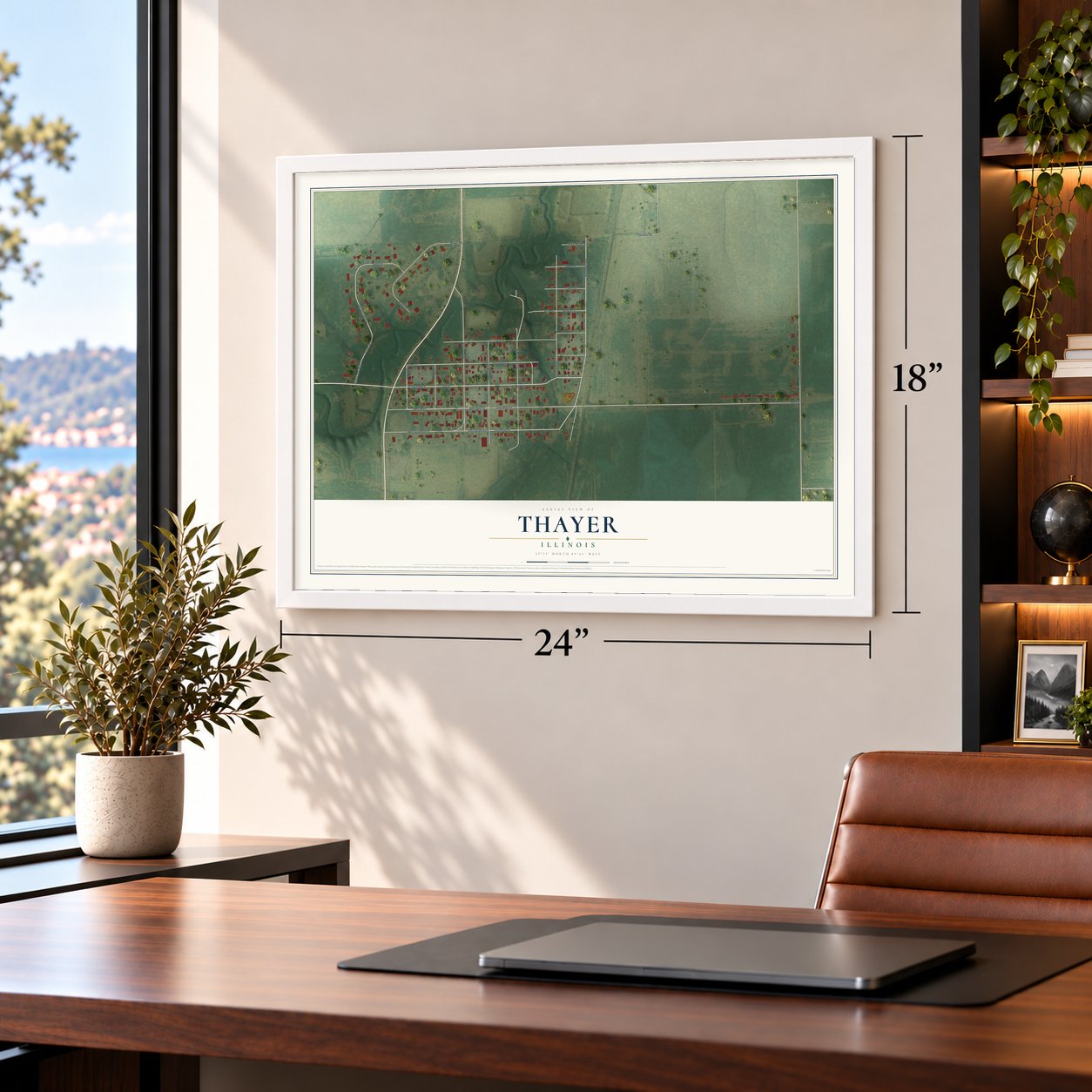 Thayer, Illinois map, 18 x 24 inch print in a white frame in a home office