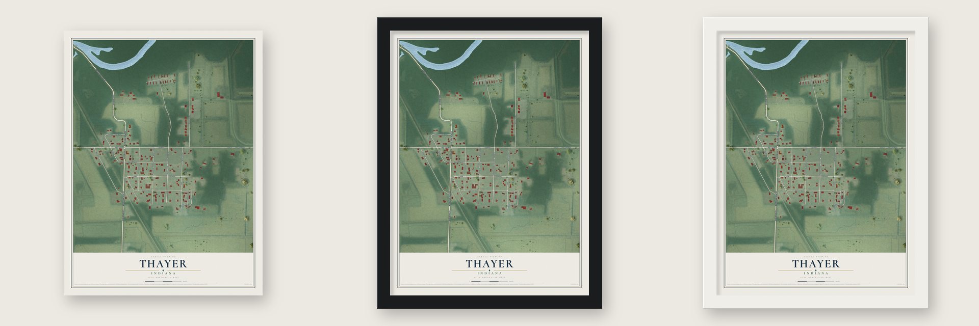 Thayer, Indiana map unframed, in a black wood frame and in a white wood frame