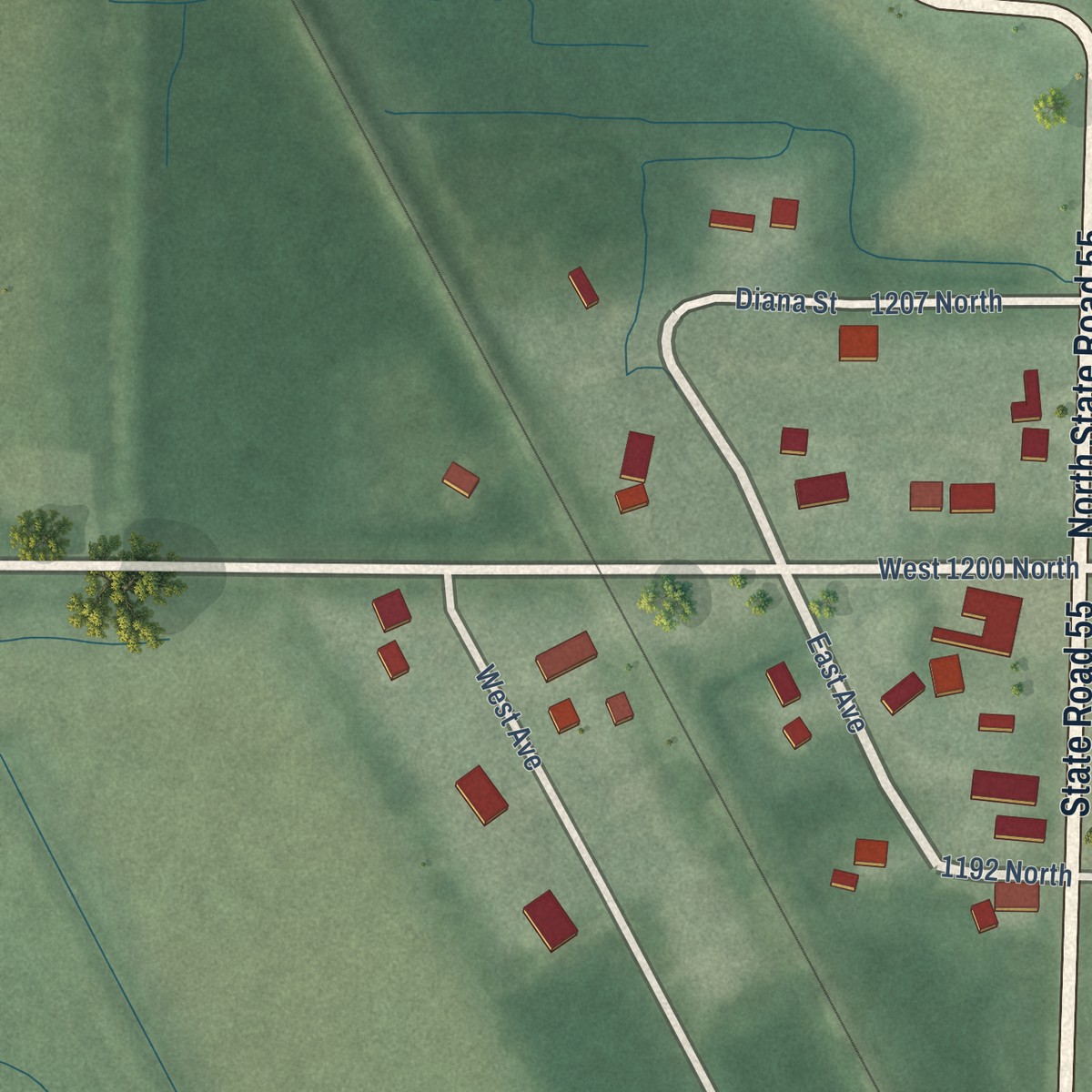 Second close-up of the map of Thayer, Indiana print showing more streets and buildings